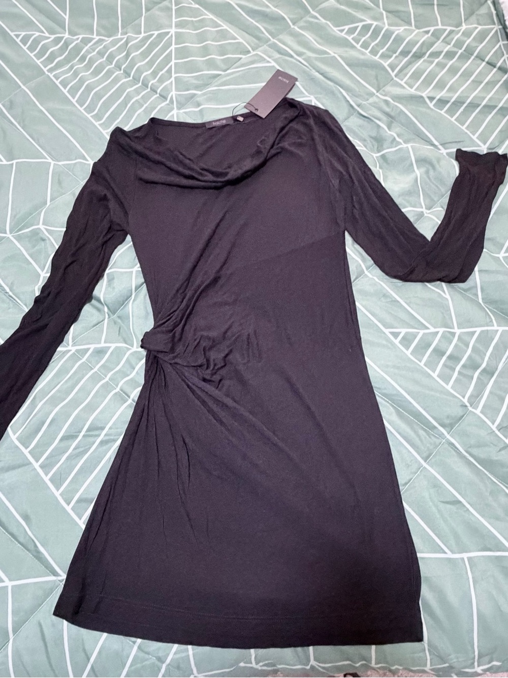 Black Long-Sleeve Twist-Waist Mini Dress